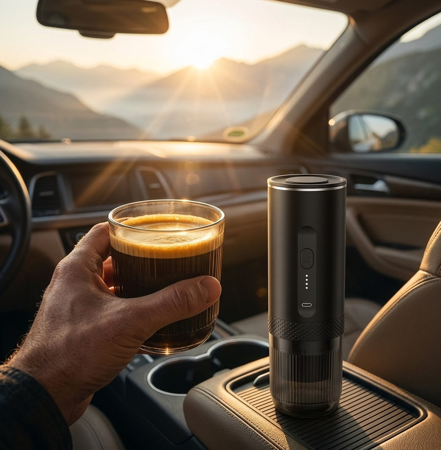 Espresso en el coche al amanecer