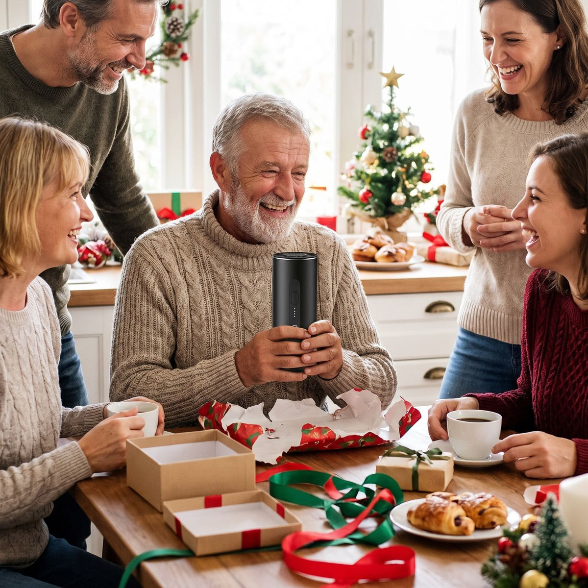 Familia celebrando la Navidad con el regalo
