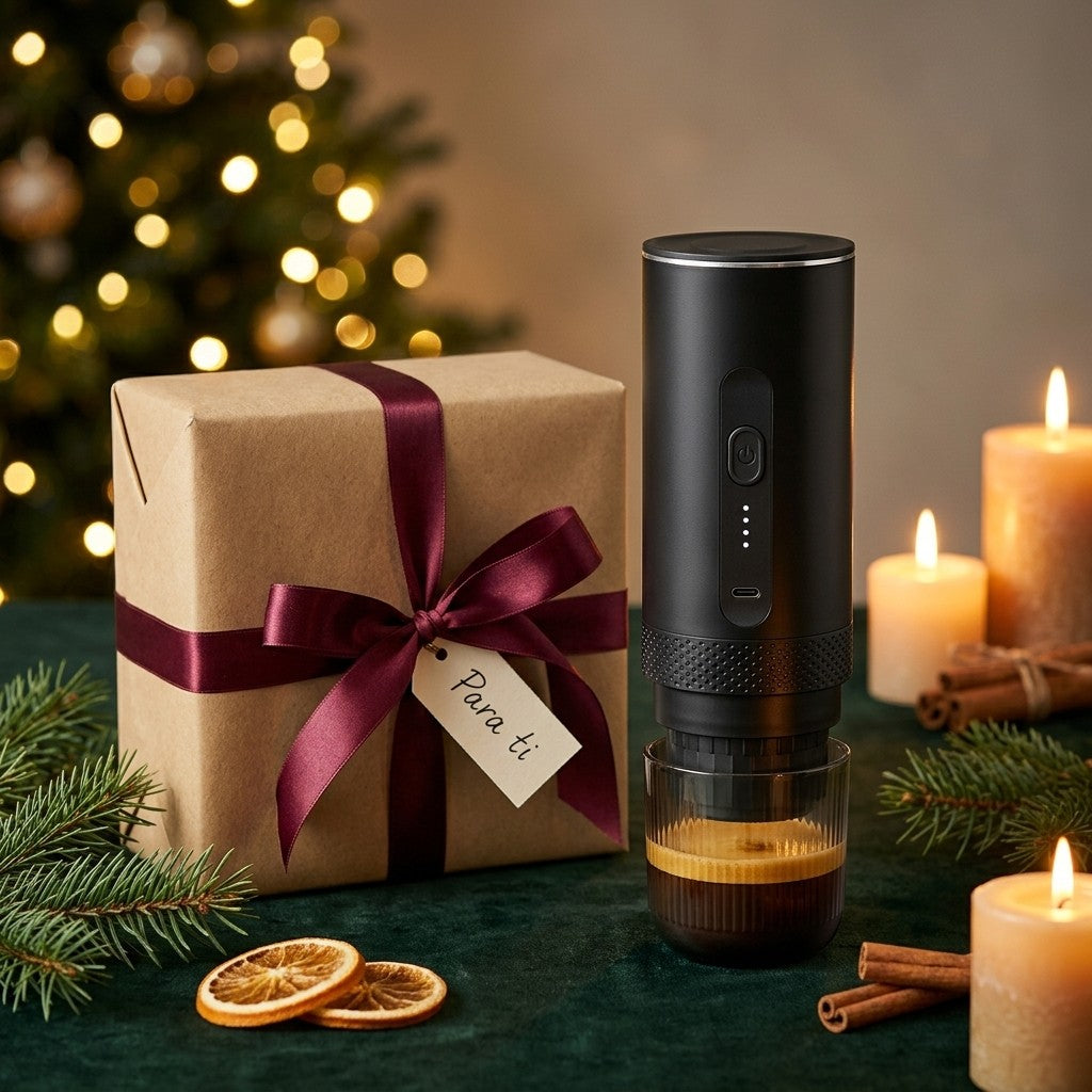 PortaCafé One junto a un regalo de Navidad
